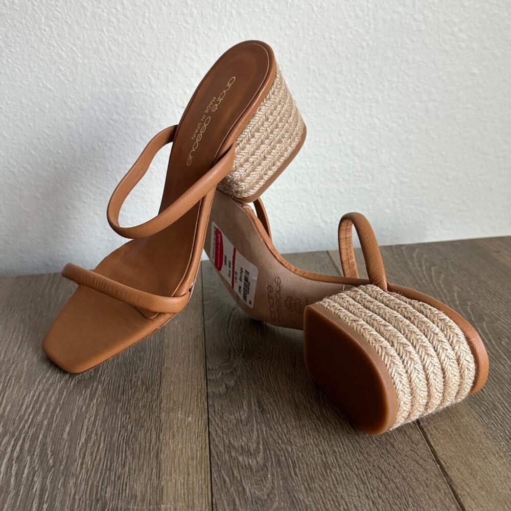 Andre Assous Joie Square Toe Sandals Tan Leather Jute Heel Women Size 8